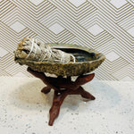 Abalone Shell with Stained Wooden Tripod Stand and 3 California White Sage Smudge Sticks  6" Shell