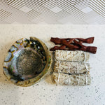 Abalone Shell with Stained Wooden Tripod Stand and 3 California White Sage Smudge Sticks  6" Shell