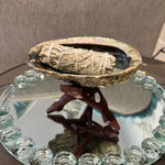 Abalone Shell with Stained Wooden Tripod Stand and 3 California White Sage Smudge Sticks  6" Shell